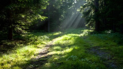 Fototapeta premium A serene forest path illuminated by sunlight filtering through trees, surrounded by lush green grass and foliage