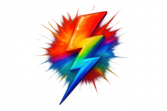 Rainbow lightning bolt exploding with colorful splash on transparent background, representing power, energy, and speed