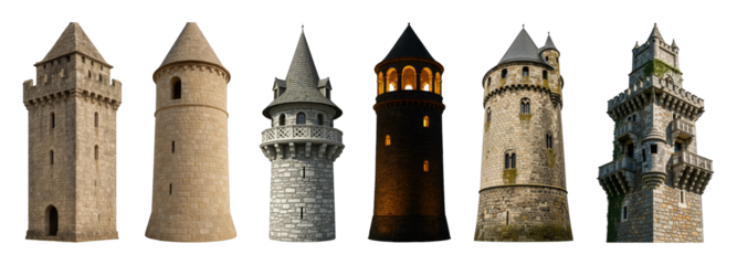 Medieval castle tower set including stone, fantasy, and ancient architectural styles isolated. Architectural element collection.