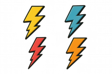 Vibrant lightning bolt graphic symbols depicting electric power, energy dynamics against transparent backdrop
