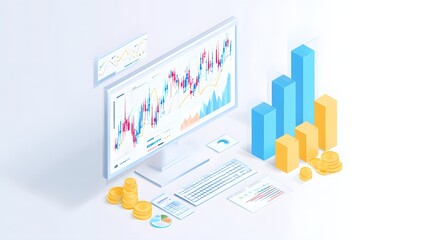 An isometric illustration of a financial analysis setup featuring a computer monitor displaying stock market graphs, bar charts, and various financial documents, with gold coins and a keyboard nearby