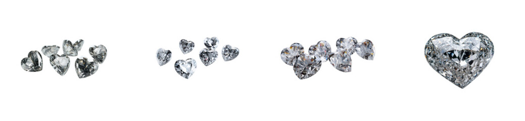 Group of sparkling heart shaped diamonds on transparent background file, cut out