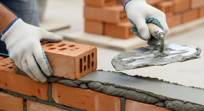 A construction worker wearing white gloves carefully places a brick onto a wall being built with cement using a trowel.