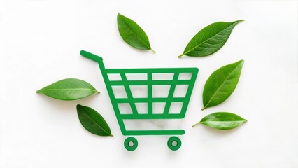 Eco + Friendly + Online + Store Green shopping cart surrounded by leaves, symbolizing eco-friendly shopping.
