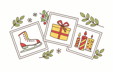 A festive holiday composition showcasing multiple Christmas-themed frames filled with presents, ice skates, candles, and seasonal elements in a whimsical hand-drawn style