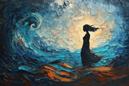 A woman silhouetted against a turbulent sea, windswept hair, evoking feelings of resilience and solitude.