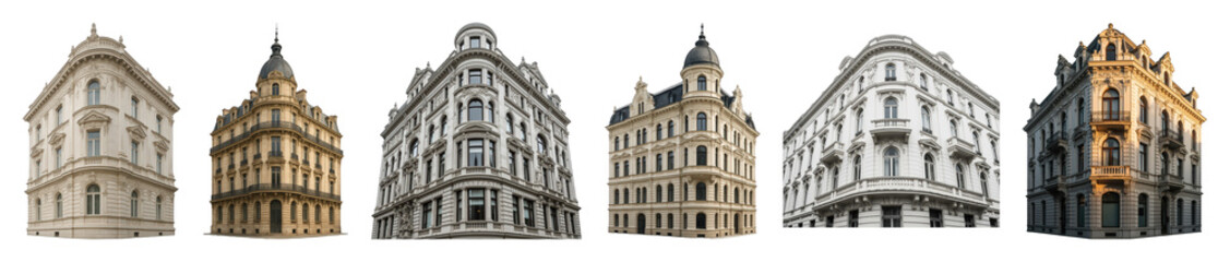Fototapeta premium Historic European corner building set including ornate facades, domes, and balconies isolated. Architectural design elements and urban cityscapes.