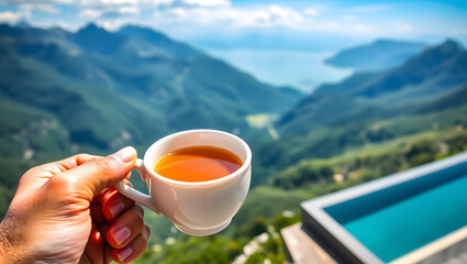 Hand holding tea cup with mountain view and swimming pool in background on a sunny day outside
