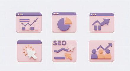 Collection of 3D business icons for digital marketing, SEO optimization, and data analytics. Infographic elements for web interface and presentation