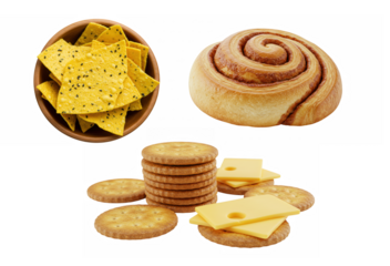 Assortment of snacks including nachos, cinnamon roll, and crackers with cheese isolated on transparent background