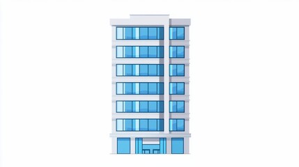 Modern Office Building with Blue Windows on White Background