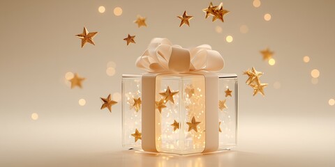 Christmas gift box with floating glowing stars inside on soft cream background. Minimal festive still life radiates magic and wonder.