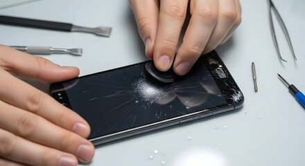 Close-up of a technician's hands repairing a cracked smartphone screen with specialized tools on a white surface.