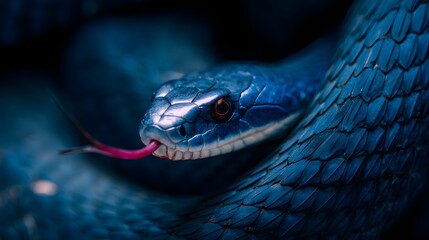 Fototapeta premium A close-up of a blue snake coiled among dark leaves, showcasing its scales and eyes