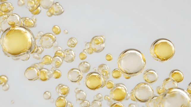 Golden bubbles floating in a light background, creating a sense of freshness and lightness