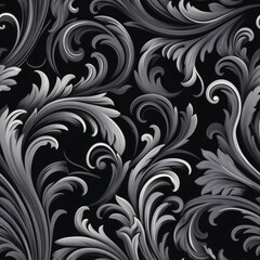 Fototapeta premium An intricate baroque-style floral pattern in black and white, featuring leaves and scrolls with depth and elegance,