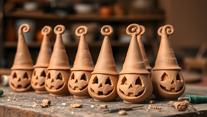 A row of handmade clay jack o lanterns with pointed hats sitting on a wooden surface in a workshop