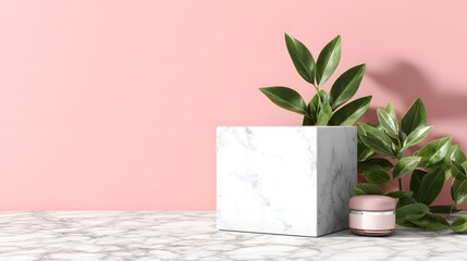A blank white cube on a marble surface with green leaves and a pink background