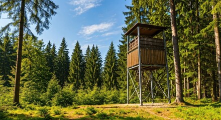 Wooden observation tower in a sunlit forest