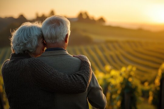 An elderly couple embraces, gazing at a sun-drenched vineyard at sunset, enjoying their golden years together.
