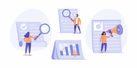 Business analytics concept with people analyzing charts and documents using magnifying glass and megaphone