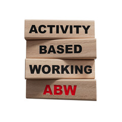 On a wood board, wooden word cubes are arranged in the letters ABW. It is an abbreviation for Activity Based Working.Supports PNG files with transparent backgrounds.