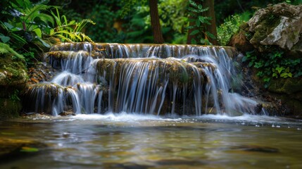 Fototapeta premium Tranquil Waterfall Flowing Over Rocks Surrounded by Lush Greenery