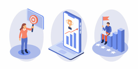 Business success and growth concepts illustrated with isometric characters and icons representing goals achievements and progress