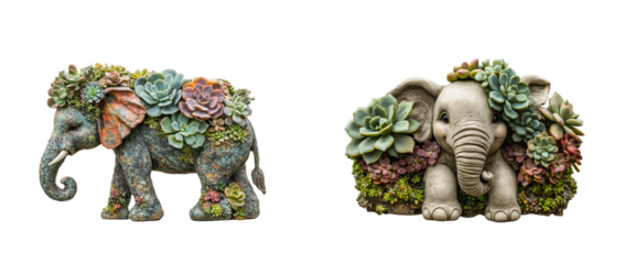 Two elephant figures adorned with lush succulents on a transparent background, cut out