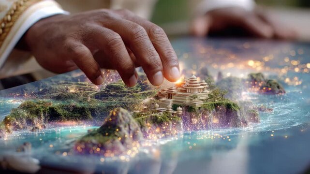Intricate Miniature Model of an Ancient Temple Island Surrounded by Sparkling Water and Lush Greenery in a Captivating Fantasy Landscape