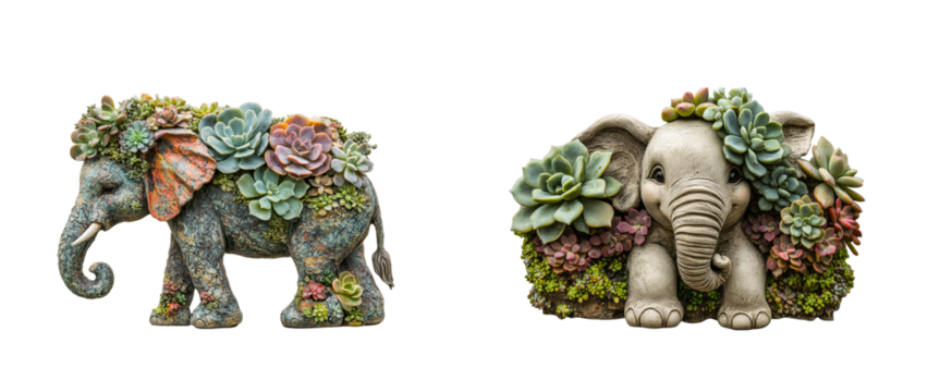 Two elephant figures adorned with lush succulents on a transparent background, cut out