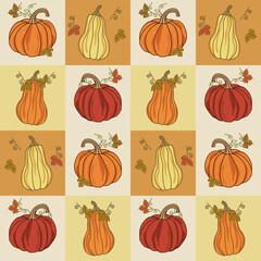 Hand-Drawn Autumn Pumpkin and Gourd Seamless Pattern