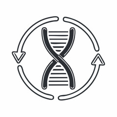 Dynamic DNA double helix encased in a cyclical arrow, representing genetic replication, continuous growth, and biological regeneration processes in science and medicine research