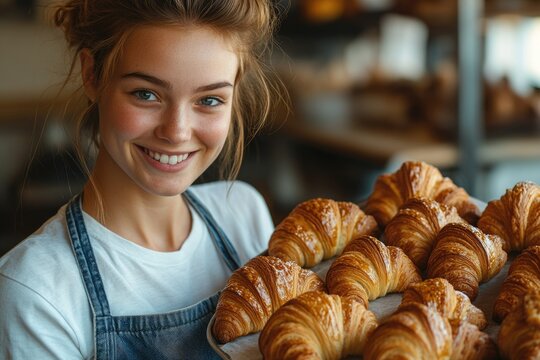 A smiling young woman baker proudly presents a tray of freshly baked golden croissants. - Powered by Adobe