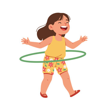  a child wearing a yellow tank top and floral-patterned shorts, laughing as she successfully spins a green hula hoop around her waist