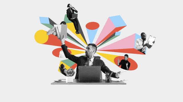 Video banner. Creative businessman lifting documents while interacting with virtual collaborators on vibrant projections. Concept of remote project management and outsourcing workflow, employment