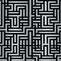 A seamless intricate maze-like pattern in gold on a black background,