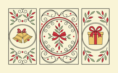 Elegant Christmas artwork with multiple frames combining bells, wreaths, gift boxes, and trees decorated with red bows in a delicate festive doodle style