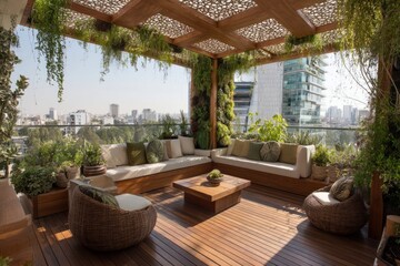 Obraz premium A luxury penthouse with rooftop garden. Visitors relax among greenery high above the city. The mood feels refreshing and unique, Generative AI