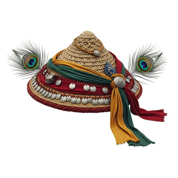 Traditional assamese jaapi hat with peacock feathers isolated on transparent background