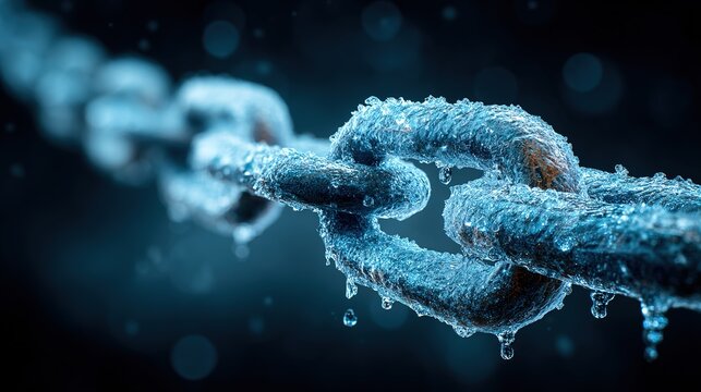 Metal chain covered with ice water drops and frost, symbolizing cold, harsh conditions, limitations, frozen movement, imprisonment or stagnation