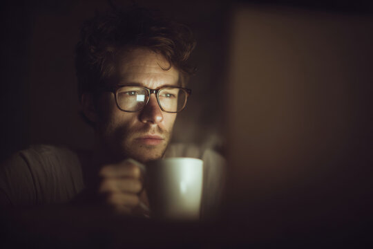 programmer working late at night bathed in warm glow of laptop screen focused and deep in thought