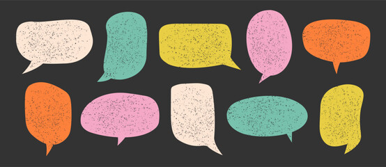 Hand drawn speech bubbles with Grainy Texture. Blank speak isolated bubble, chatting or message box collection. Vector illustration on black background.