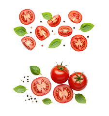 Naklejka premium Fresh tomatoes with basil and peppercorns isolated on transparent background