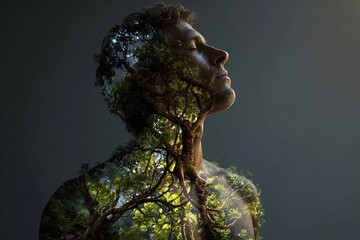 double exposure of male profile with tree branches symbolizing unity with nature breathing inner peace and ecological awareness