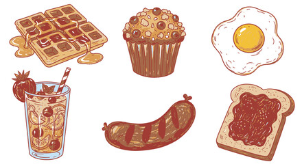 Breakfast food illustration featuring waffles, muffin, egg, drink, sausage, and toast.