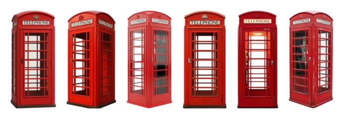 Red telephone booth set including different angles, pristine, and weathered conditions isolated. Iconic British urban communication.