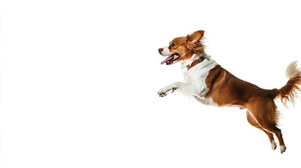 Side view of dog jumping in studio on white background with soft shadows, clean sharp focus and professional color grading, captured using high-end digital photography