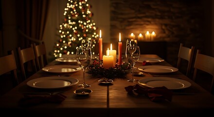 Christmas dinner table with candles