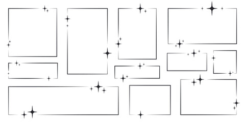 Set of square and rectangular frames with sparkles. Geometric shapes with stars. Contemporary minimalistic starry templates, vector graphics